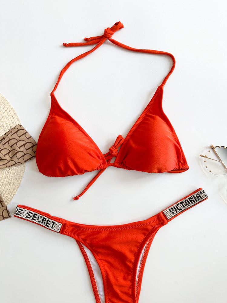 VS turuncu renk parlak kumaş bikini takımı