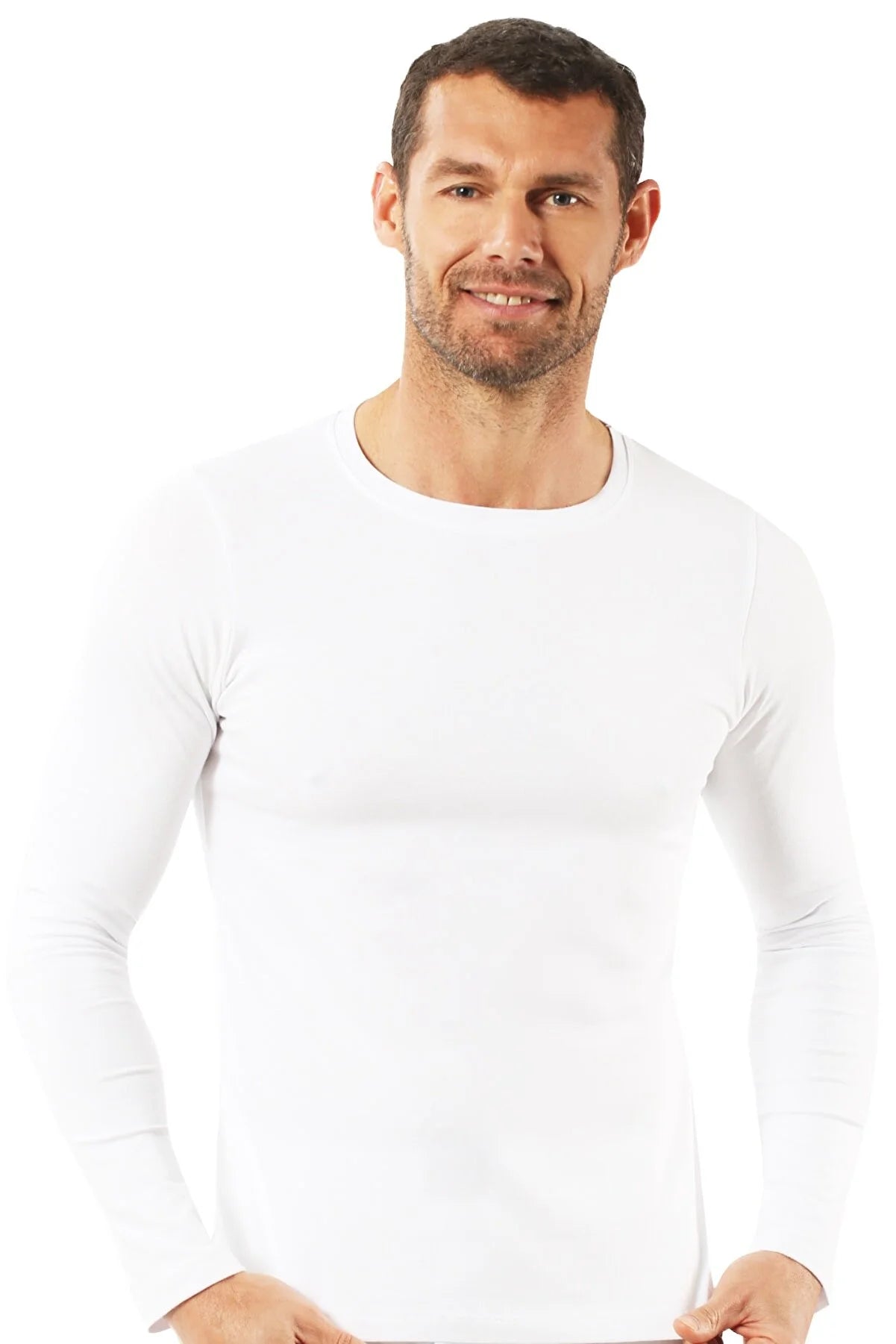ÖZKAN-Erkek Penye beyaz Likralı Pamuklu Yuvarlak Yaka Uzun Kol Tişört Fanila
