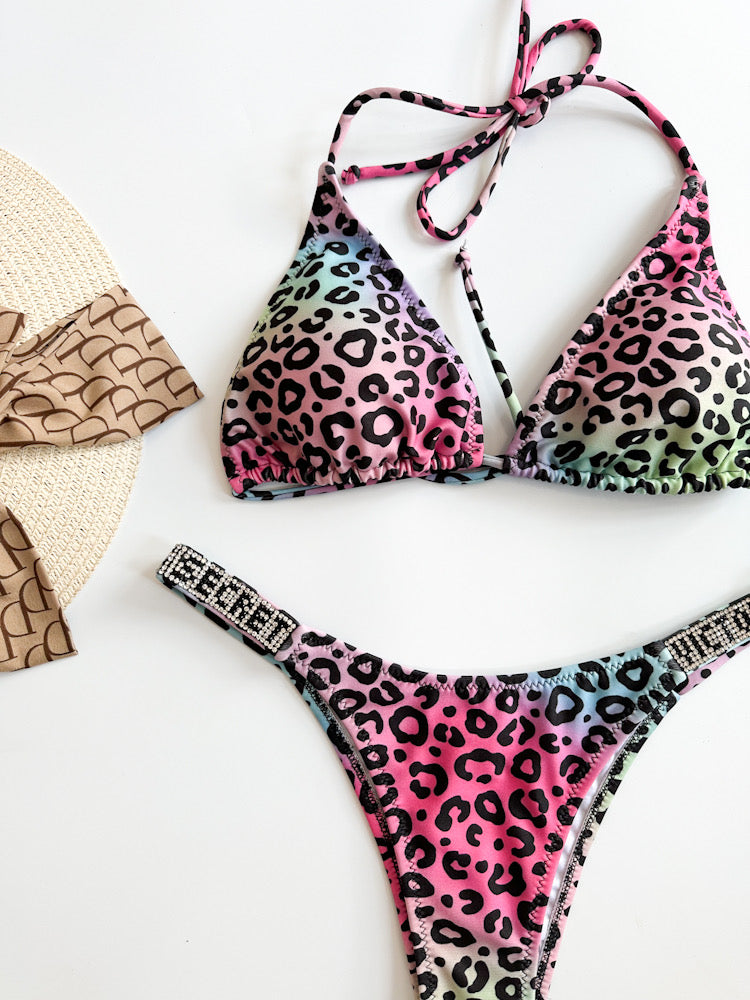 VS renkli leopar bikini takımı