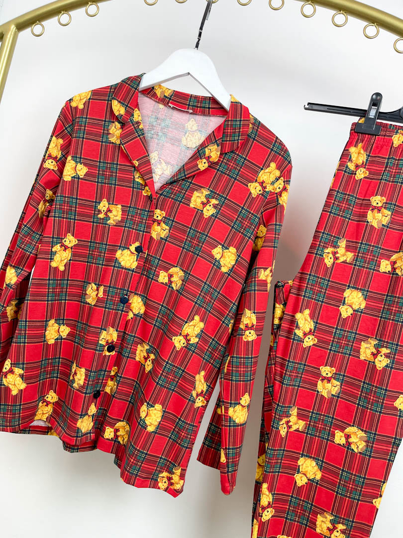 MOWWA-Uzun kol uzun paça ayıcık desenli kırmızı pijama takımı
